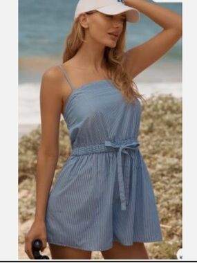 By Anthropology Blue Striped Strapless Romper with Waist Tie